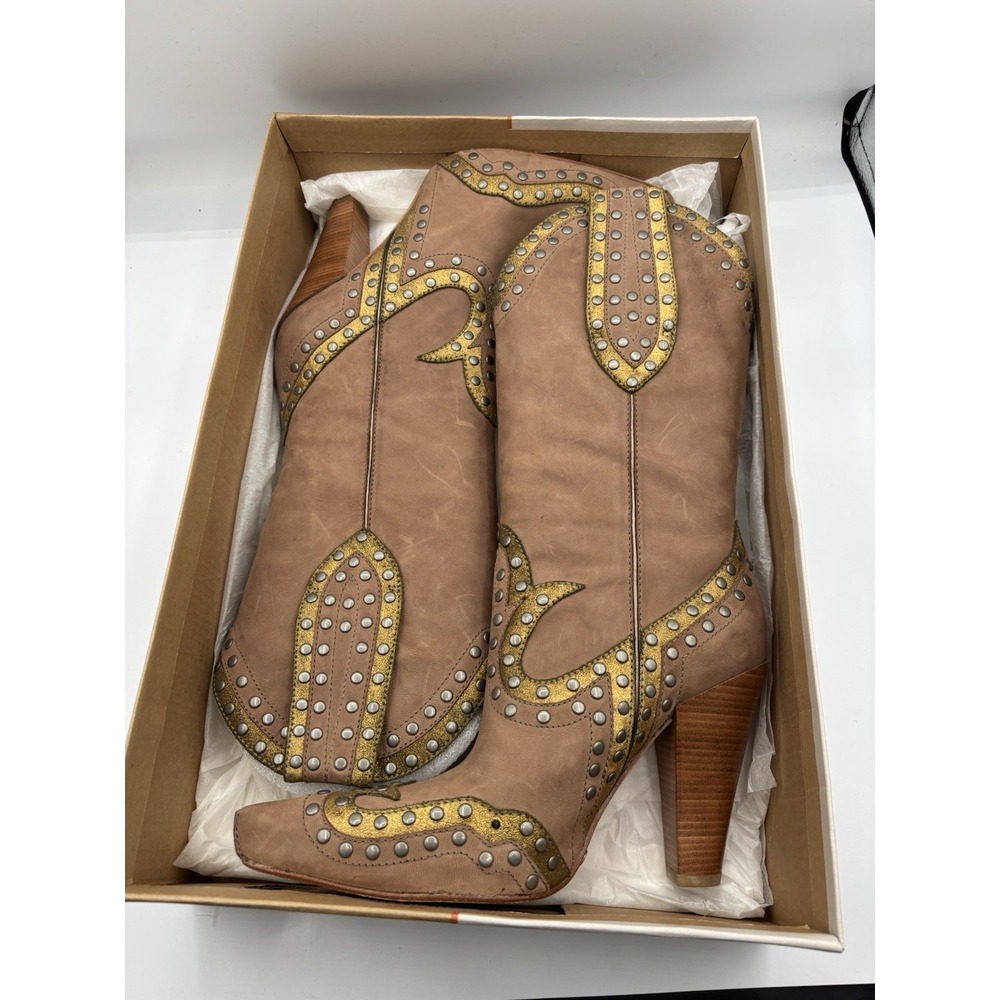 G Series Cole Haan Studded Pointed Toe Western Boots Brown Gold Glendo Boot 6.5B - Picture 1 of 14